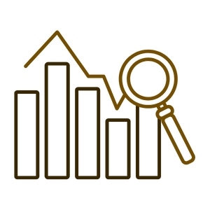 Brown line graph bars with an upward trend line and magnifying glass icon on a white background
