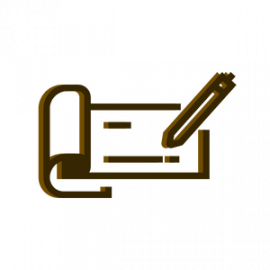 Brown icon of a rolled document with a pen writing on it