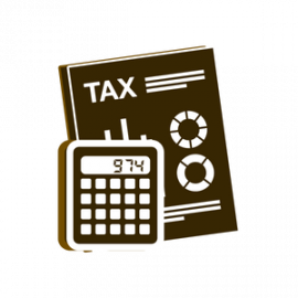 Tax document with calculator icon in brown and white