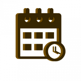 Brown calendar icon with a small clock, suggesting scheduling or a reminder