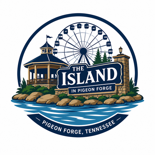 The Island in Pigeon Forge logo with Ferris wheel, gazebo, and river on a blue circle.