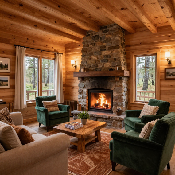 Cozy log cabin living room with a stone fireplace, green armchairs, and warm wood walls.