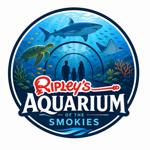Ripley's Aquarium of the Smokies logo with sharks, turtle, rays, and visitors in a blue circular scene