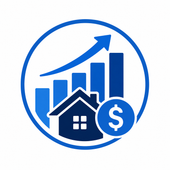 Blue real estate growth icon with house, rising bars, arrow, and dollar sign