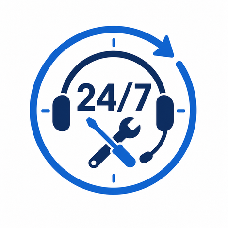 Blue 24/7 support icon with headset, wrench, and circular arrow.