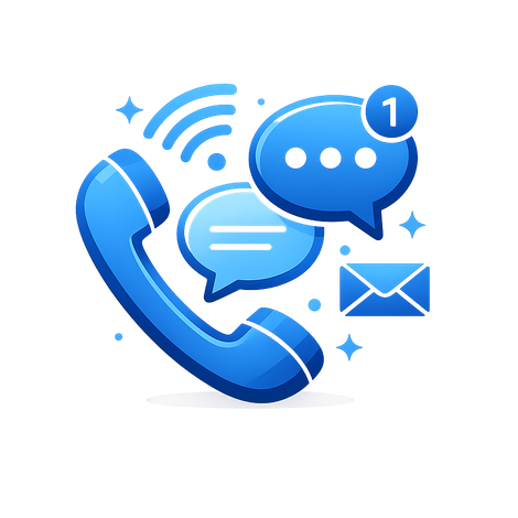 Blue phone with chat bubbles, Wi‑Fi signal, and email icon, showing messaging and calls.