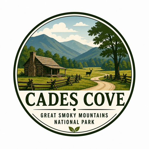 Cades Cove sign with cabin, mountains, and winding path in Great Smoky Mountains National Park