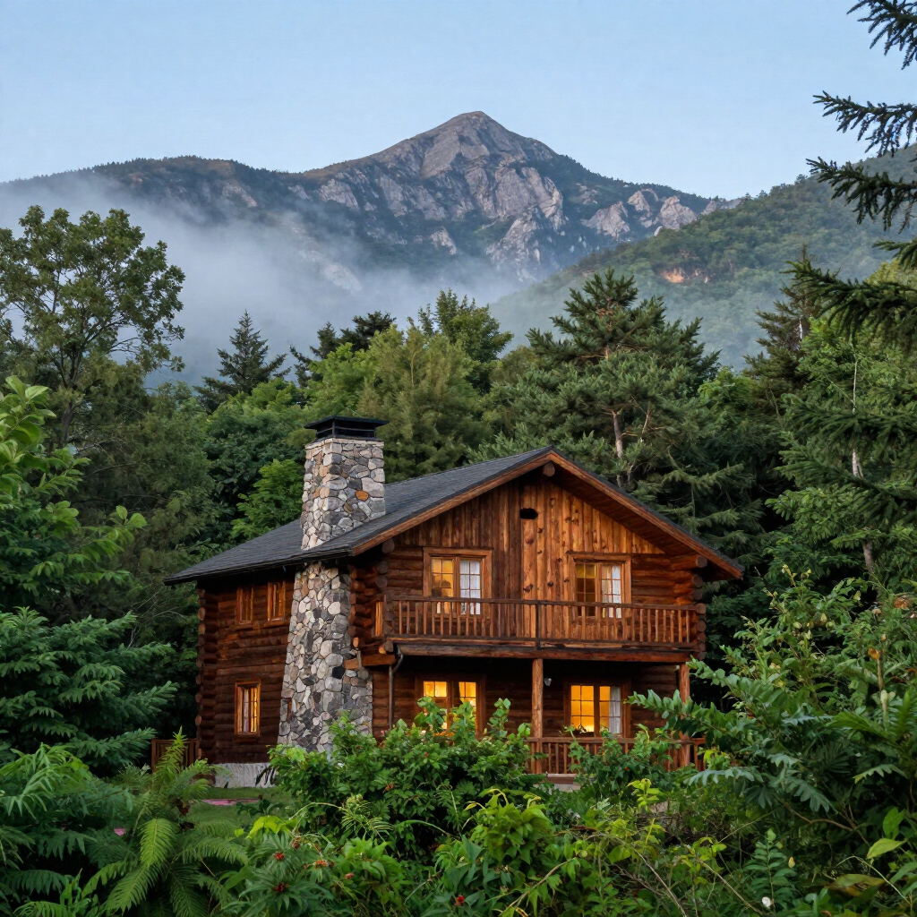 Rustic log cabin with lit windows amid green trees, backed by misty mountains at dawn