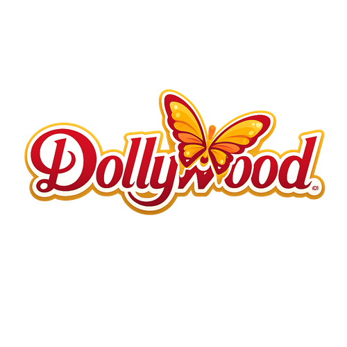 Dollywood logo in red and gold with a butterfly above the wordmark