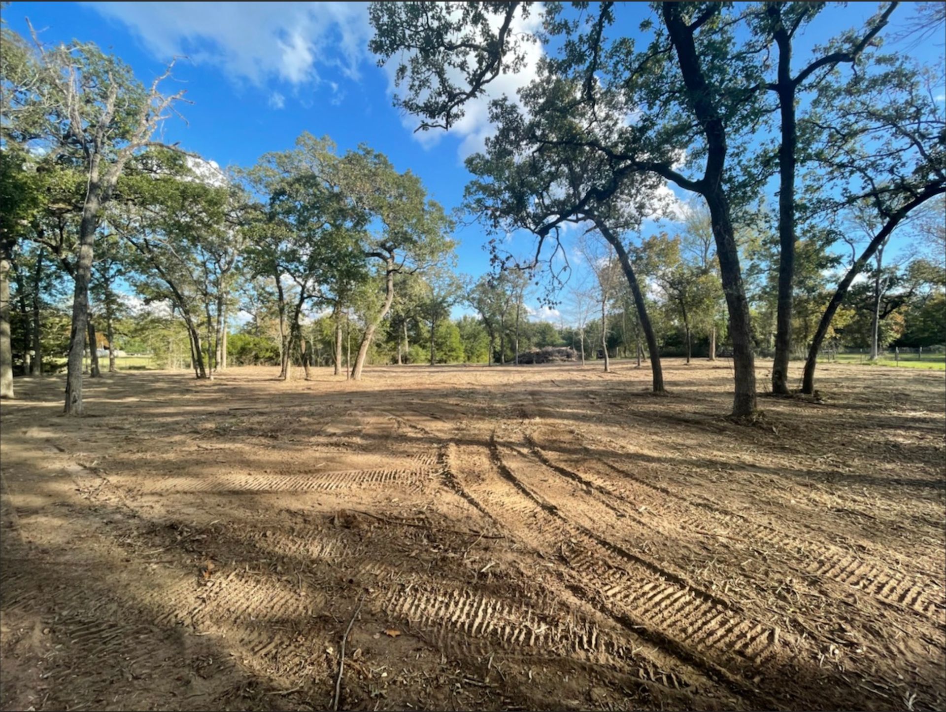 Cleared land with tire tracks, surrounded by trees under a blue sky with clouds.