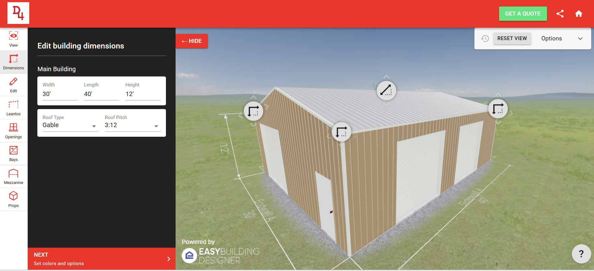 Screenshot of a 3D building configurator interface, showing a brown and white shed model on a green field background.