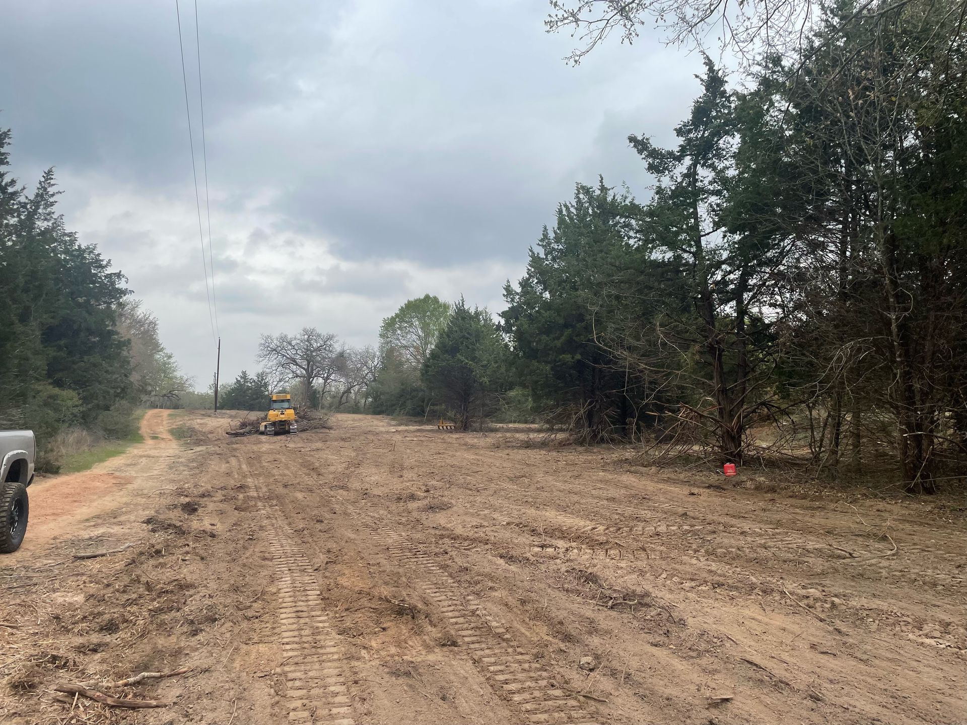 Muddy clearing with an excavator and trees under a cloudy sky.
