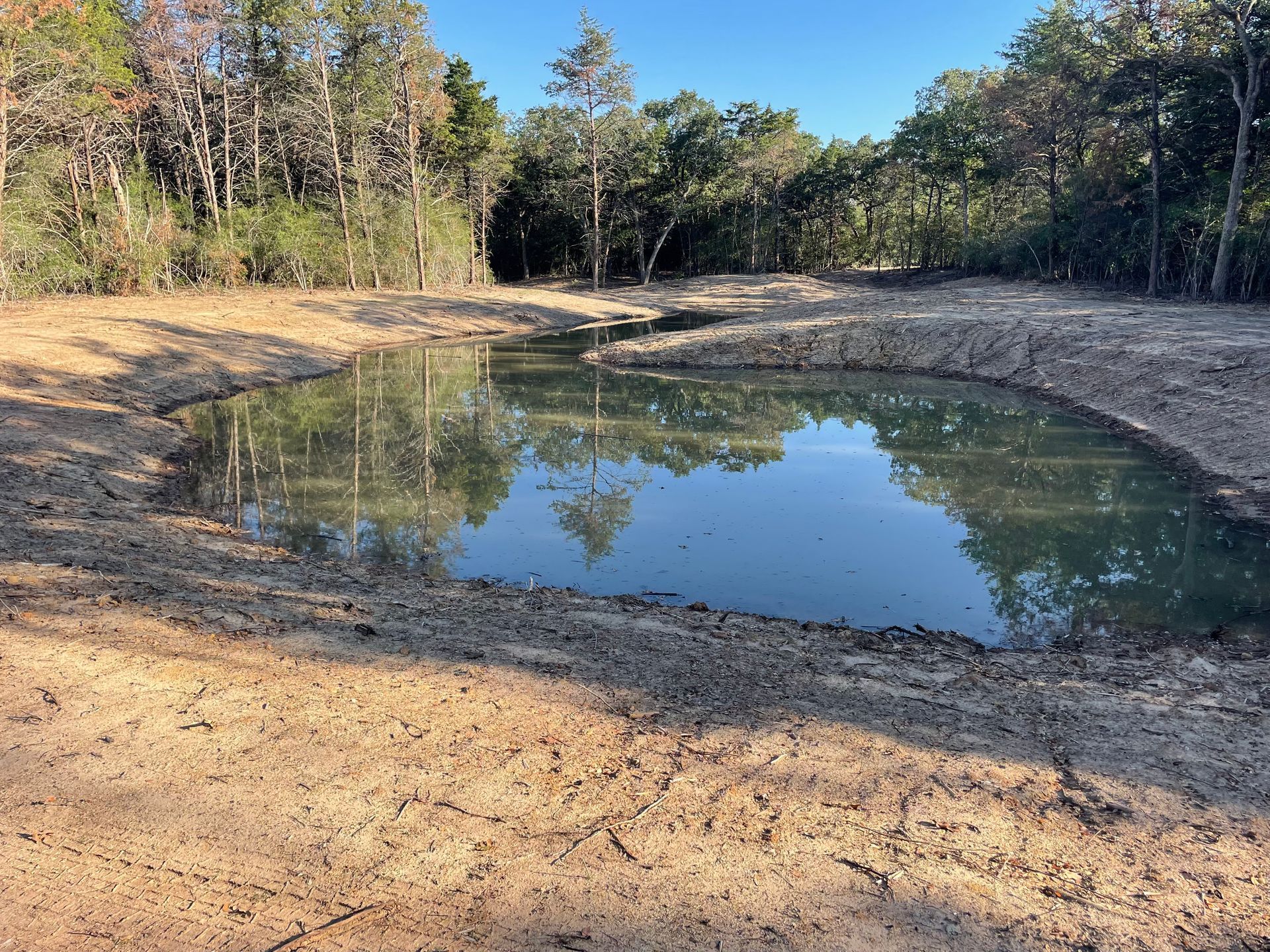 A small pond surrounded by dirt and trees, reflecting the sky.