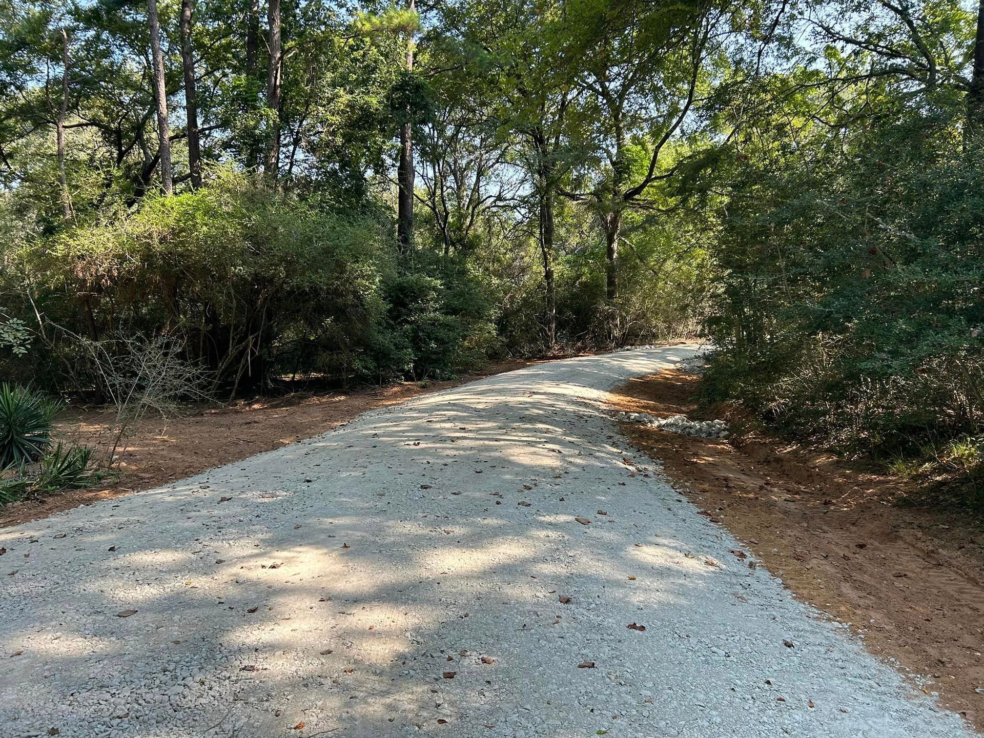 Gravel path winds through a wooded area. Sun casts shadows on the path.