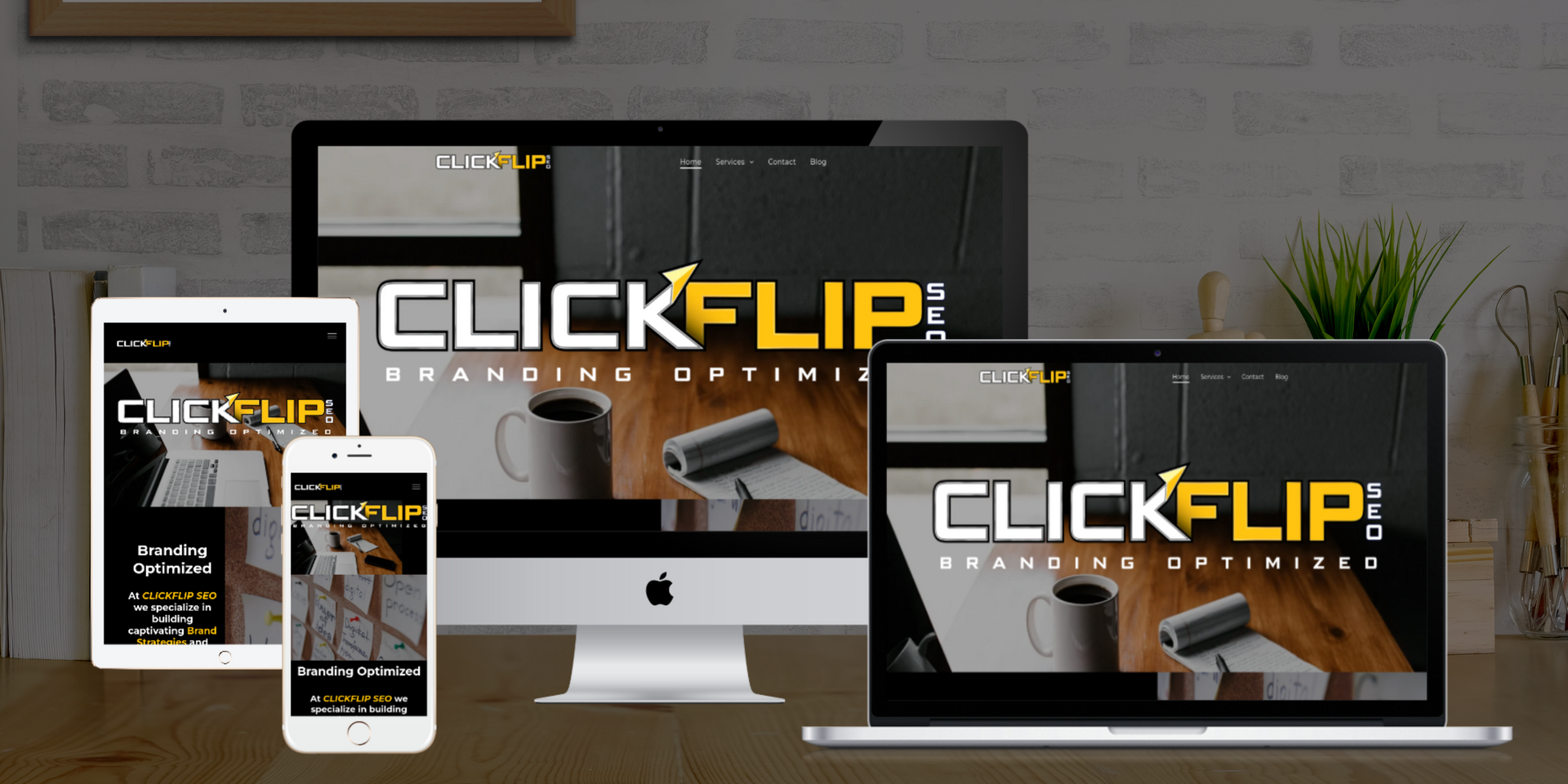 Website design on different devices including a tablet, phone, desktop, and laptop.