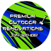 Logo: Green, blue, and black circle with "Premium Outdoor Renovations" and phone number. Shovel icon.