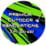 Logo: Green, blue, and black circle with "Premium Outdoor Renovations" and phone number. Shovel icon.