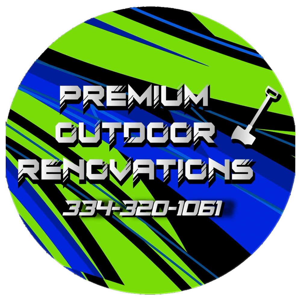 Logo: Green, blue, and black circle with "Premium Outdoor Renovations" and phone number. Shovel icon.