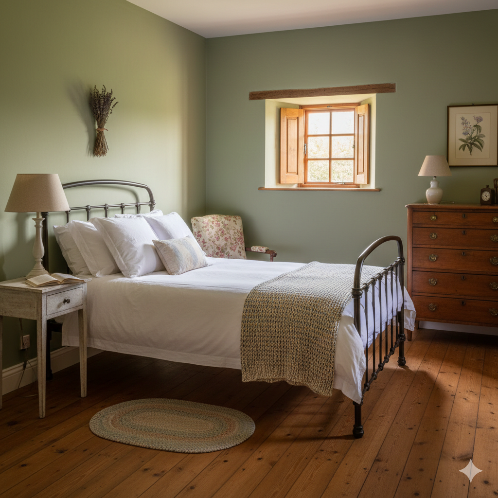 Camera da letto con letto in ferro, pareti verde oliva, pavimento in legno, piccola finestra e cassettiera in legno.
