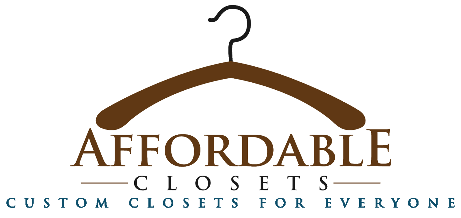 Logo for Affordable Closets with a brown hanger icon above the text "AFFORDABLE CLOSETS: CUSTOM CLOSETS FOR EVERYONE."