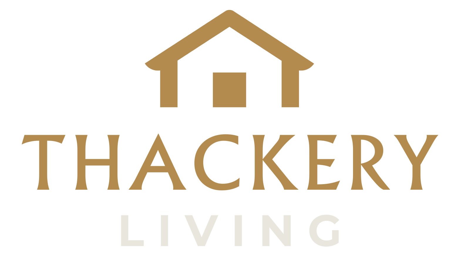 Logo for Thackery Living: Gold house icon above 
