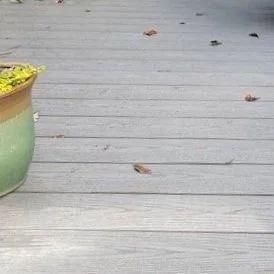 Gray wooden deck with scattered leaves and the edge of a green potted plant on the left