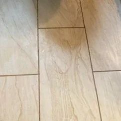 Close-up of light wood-look tile flooring with visible grout lines and grain pattern