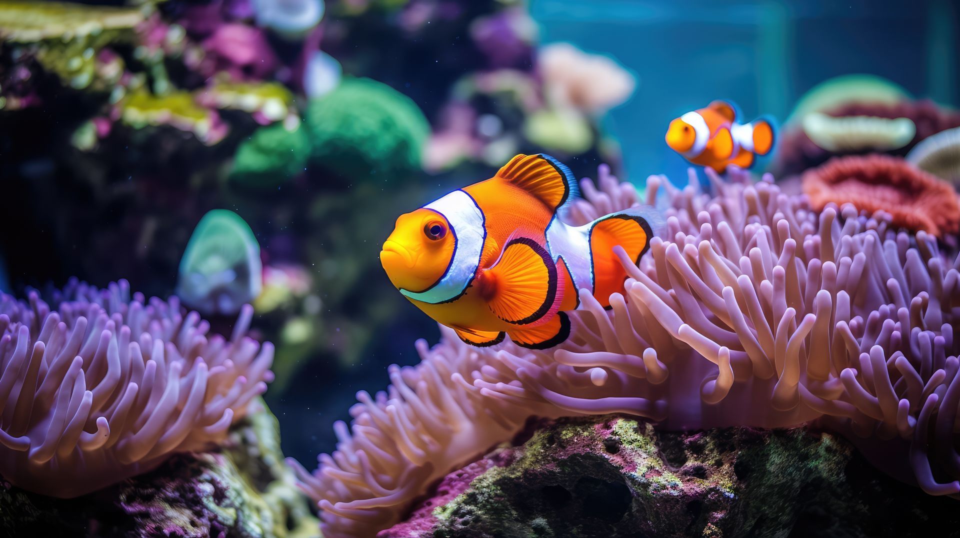 A clown fish is swimming in a coral reef surrounded by sea anemones.