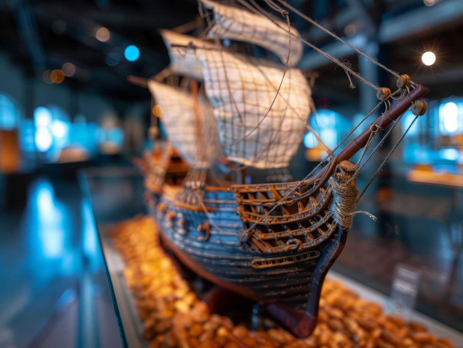 A model of a sailing ship is on display in a museum.