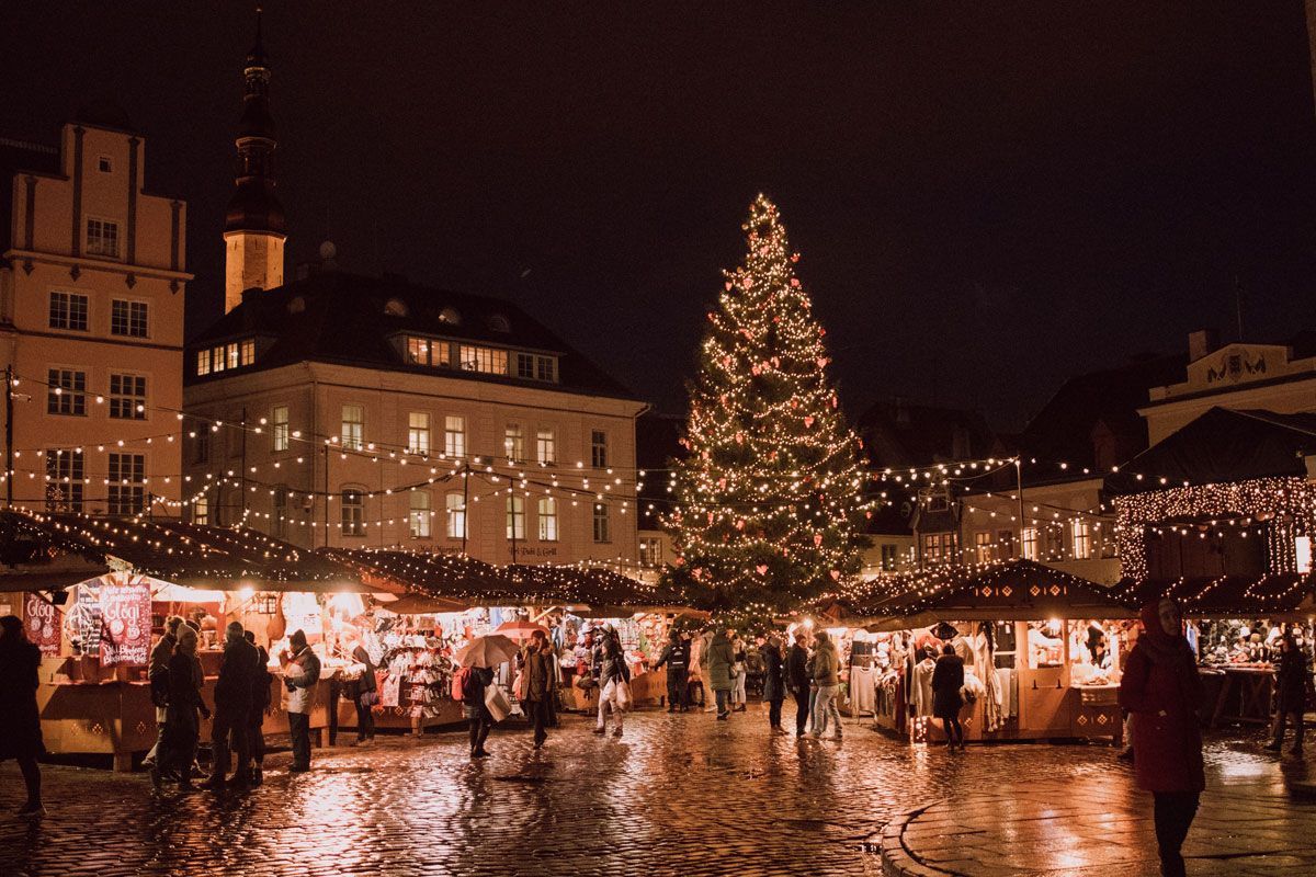 town decorated for christmas