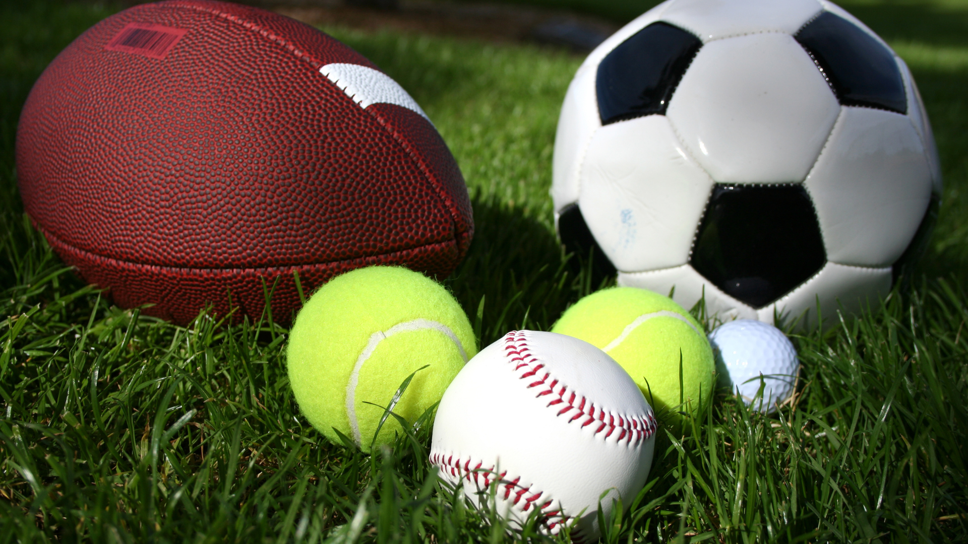 Football, soccer ball, baseball, tennis balls, and golf ball on green grass.