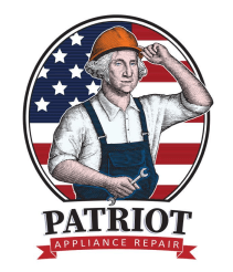 A logo for Patriot Appliance Repair featuring a stylized George Washington in a hard hat and overalls holding a wrench.