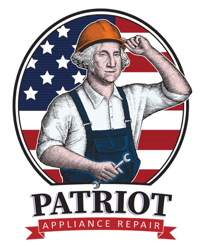 Logo for Patriot Appliance Repair featuring a historical figure in a hard hat and overalls, set against an American flag.