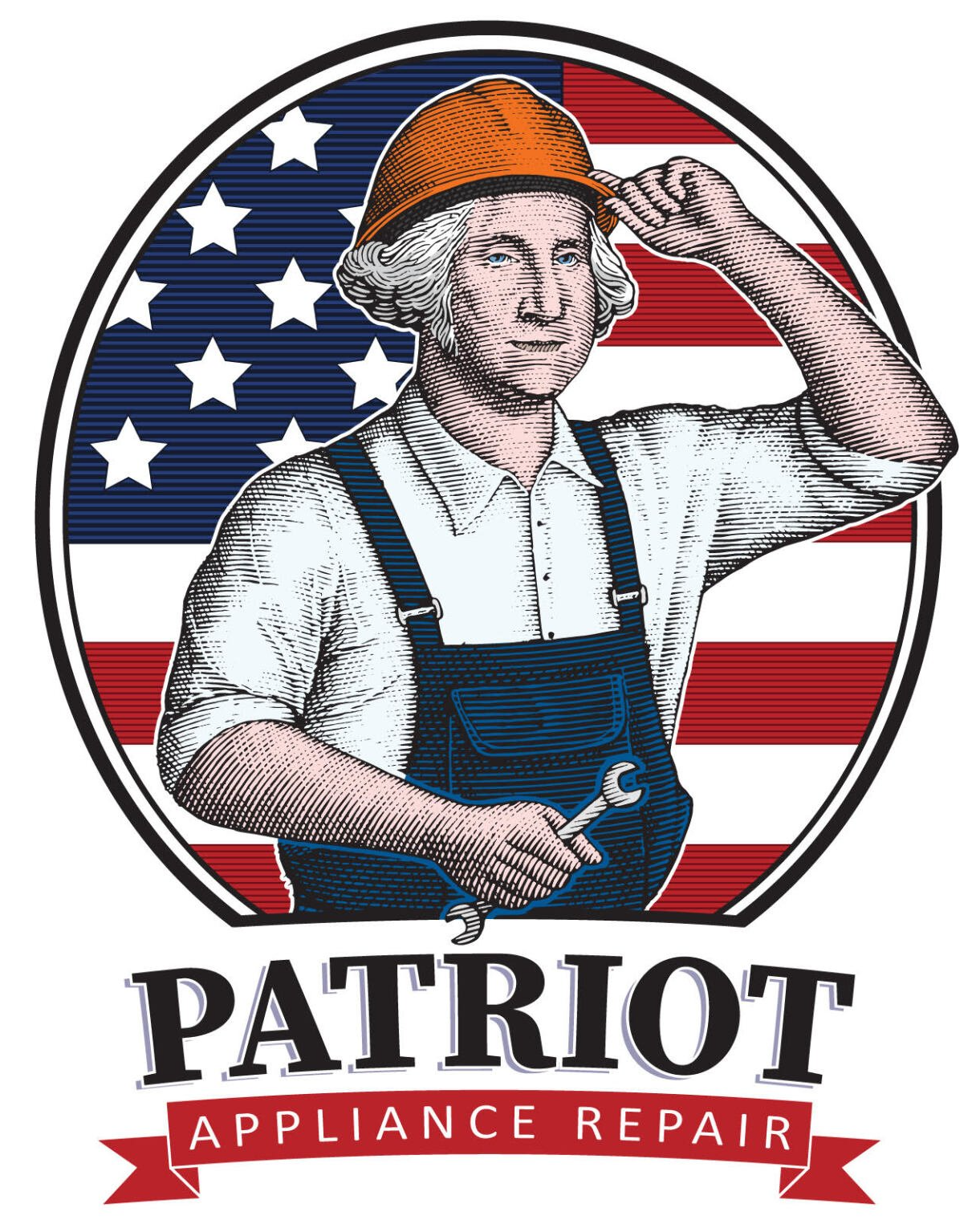 A circular logo featuring George Washington wearing a hard hat and overalls, holding a wrench against an American flag.