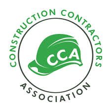 The logo for the construction contractors association has a green hard hat in a circle.