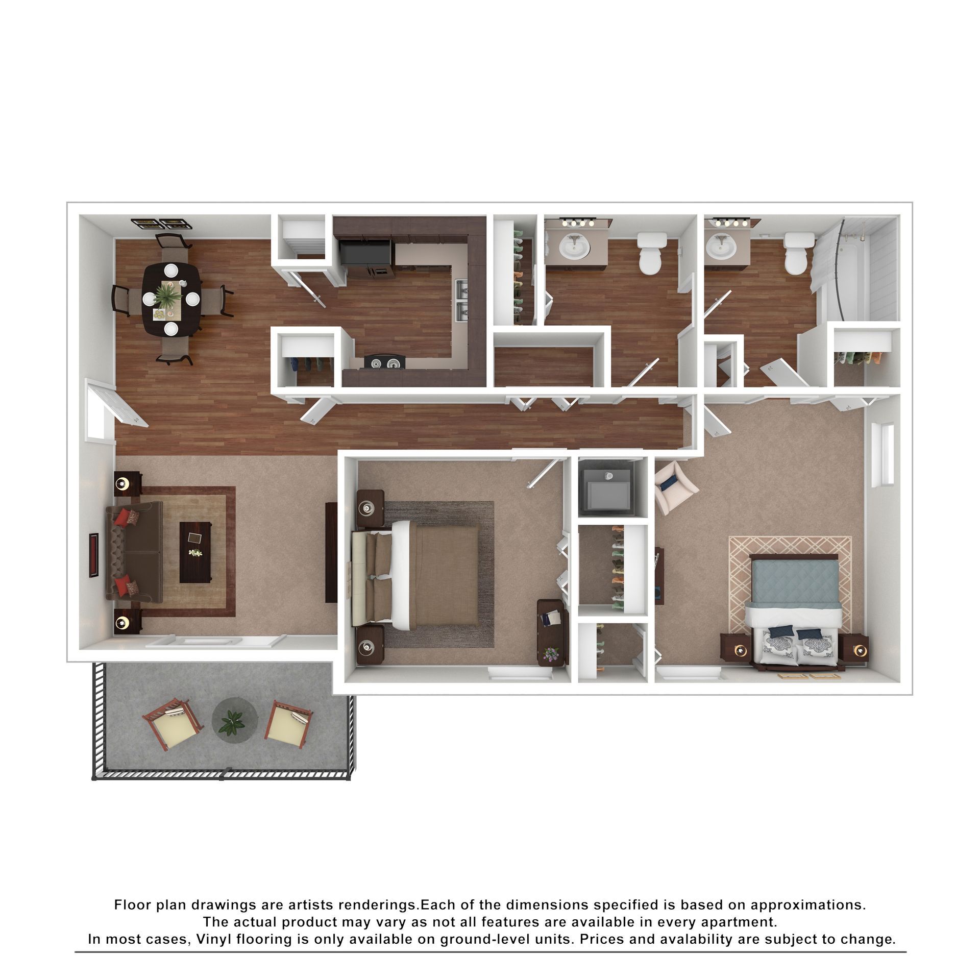 A floor plan of a two-bedroom, one and a half bathroom apartment with an open living area, kitchen, dining space, and patio.