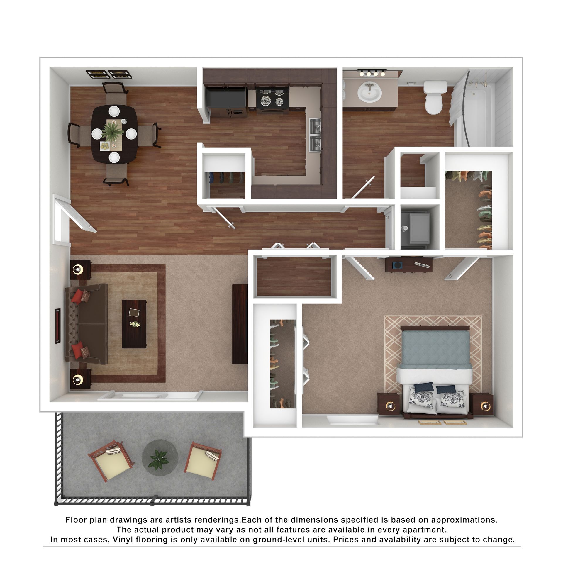 A floor plan for a one-bedroom apartment with a kitchen, dining area, living room, bathroom, and balcony.