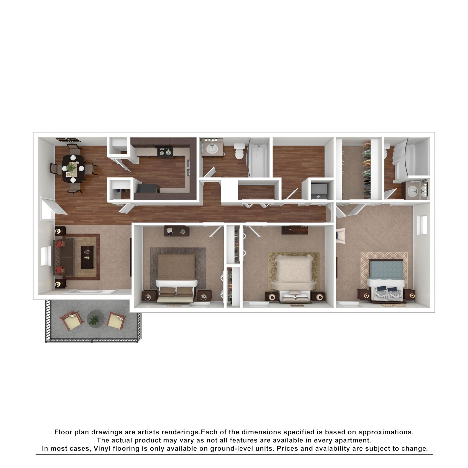 A floor plan of a three-bedroom, two-bathroom apartment featuring an open-concept kitchen, living area, and patio.