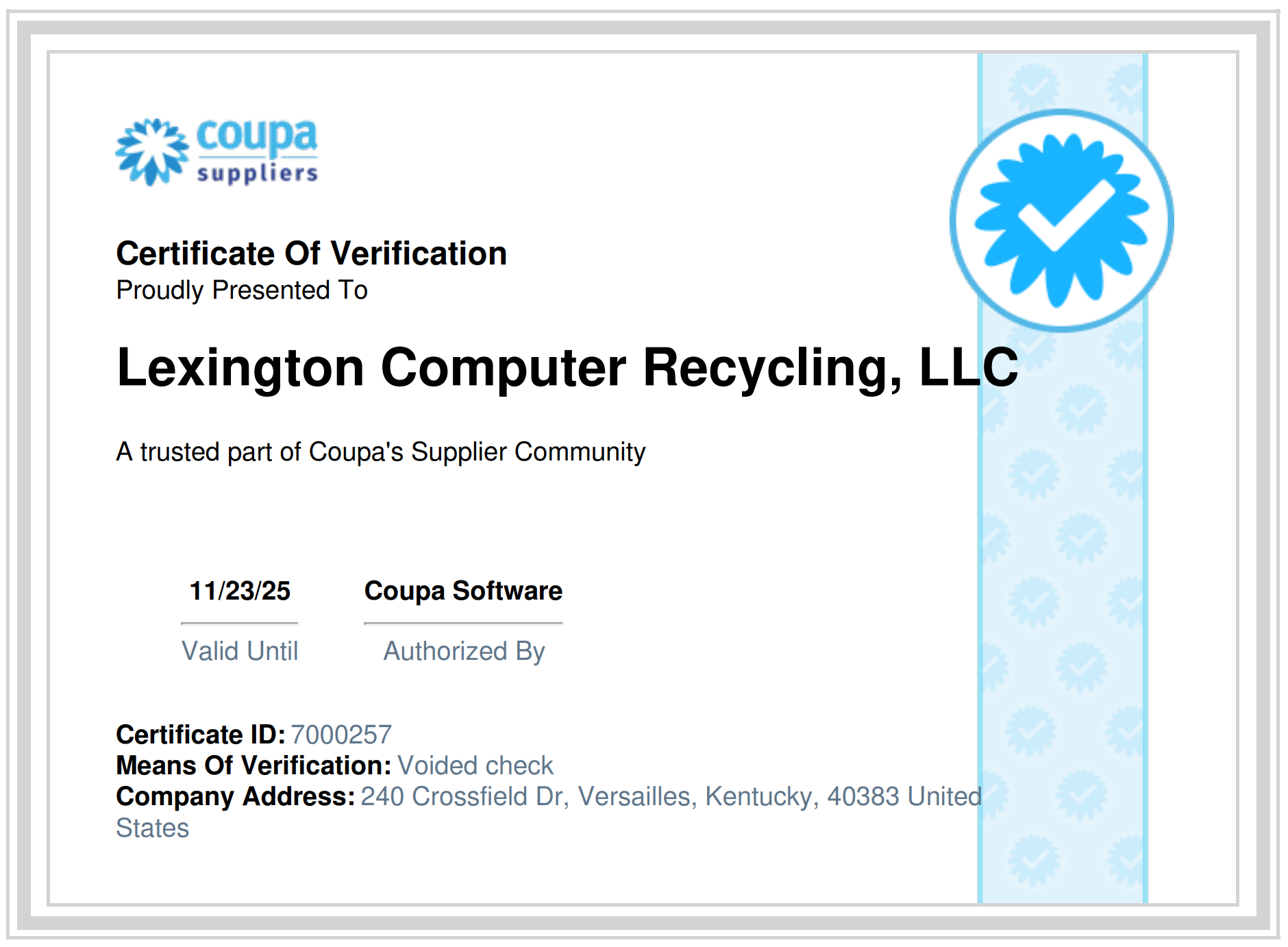 Coupa Suppliers Certificate of Verification, coupa verified computer recycling, coupa electronics recycling supplier, Nicholasville, Kentucky (KY)