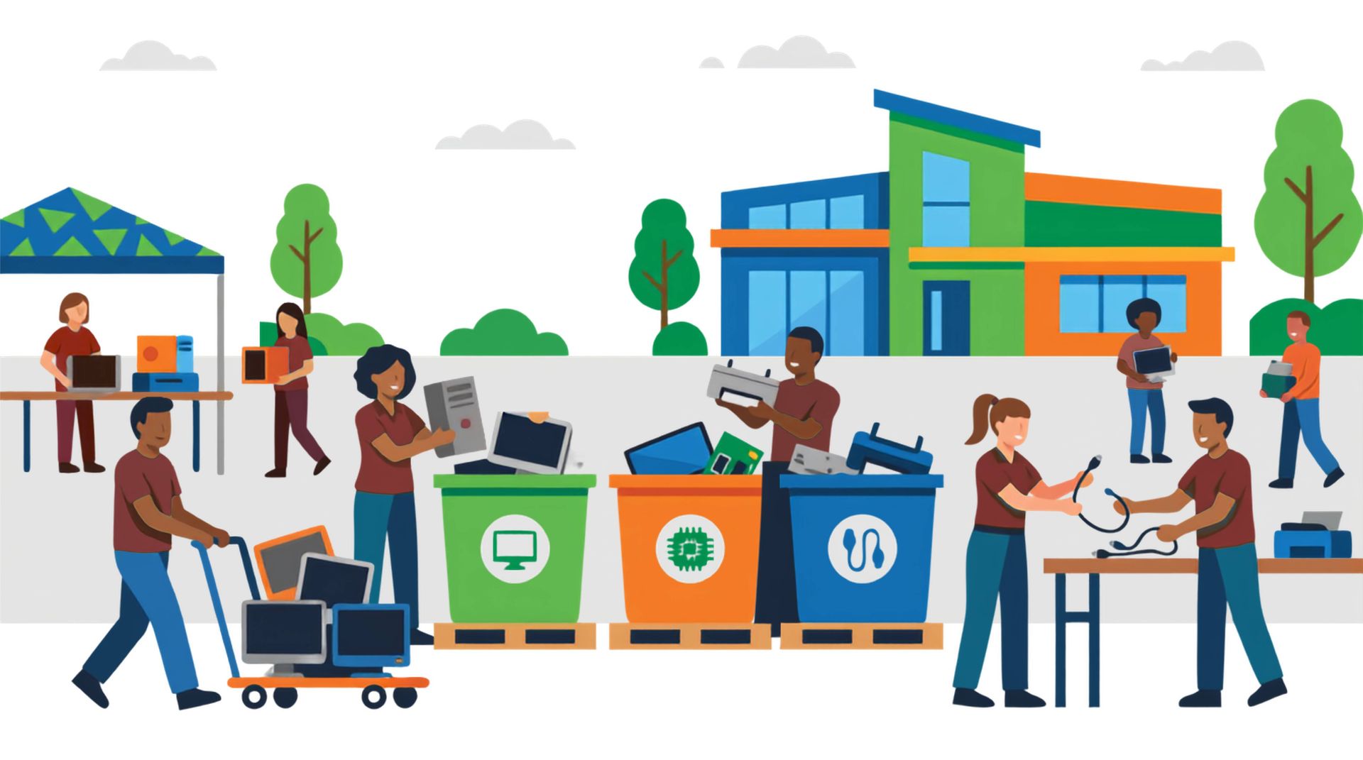 Cartoon of community volunteers sorting and recycling old computers, cables, and electronic devices at electronics recycling event.
