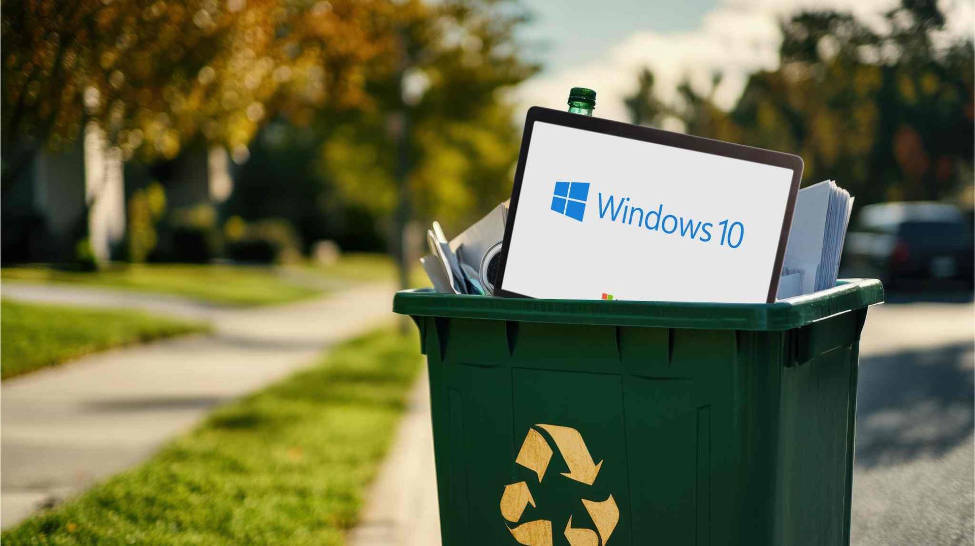 A Windows 10 laptop inside of a recycling bin at Lexington Computer Recycling near Lexington, Kentuc