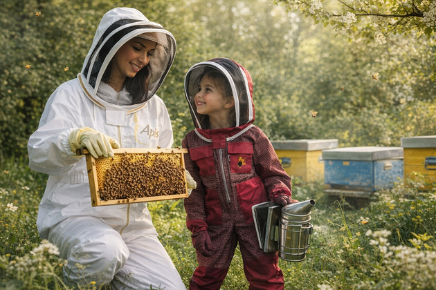 Donna e bambino in tuta da apicoltore esaminano un favo all'aperto, vicino agli alveari.