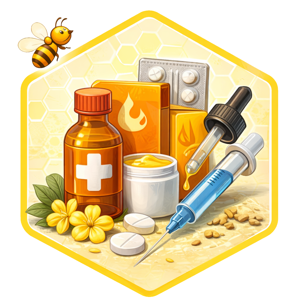 Immagine con cornice a nido d'ape: flaconi di medicinali, pillole, siringa, contagocce, barattolo, ape, fiori gialli.