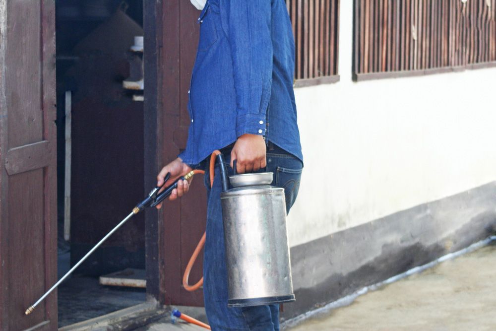 A Man is Spraying a House With a Sprayer — Lighthouse Pest Control In Skinners Shoot, NSW
