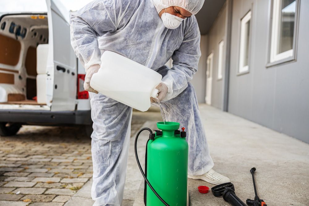 A Man in a Protective Suit is Spraying — Lighthouse Pest Control In Lennox Head, NSW