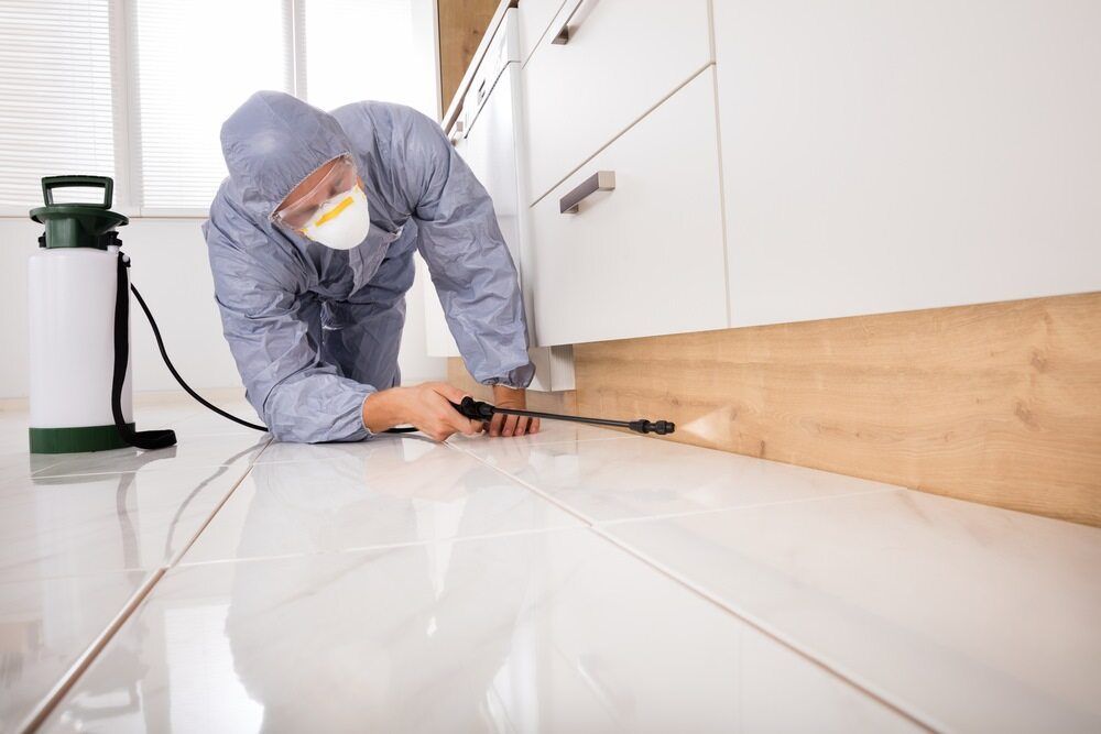A Man in a Protective Suit is Spraying a Kitchen Floor With a Sprayer — Lighthouse Pest Control In Suffolk Park, NSW