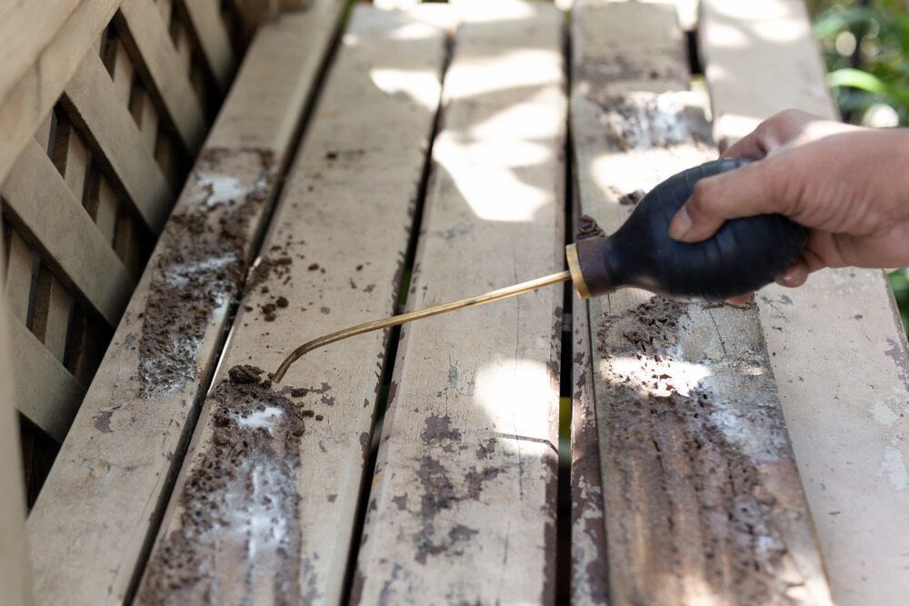 A Person is Cleaning a Wooden Bench With a Blower — Lighthouse Pest Control In Ocean Shores, NSW
