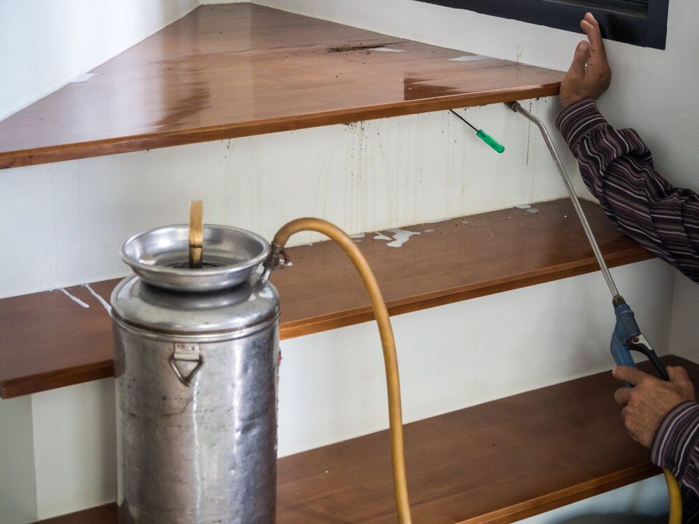 A man is spraying a wooden staircase with a sprayer — Lighthouse Pest Control In Ocean Shores, NSW