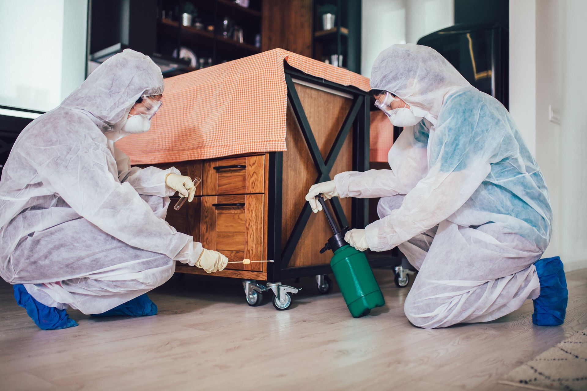 Two Men in Protective Suits Are Cleaning a Piano in a Living Room — Lighthouse Pest Control In Mullumbimby, NSW