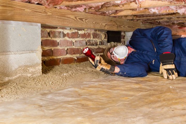 A Man is Crawling Under a Brick Wall in a Basement With a Flashlight — Lighthouse Pest Control In Skinners Shoot, NSW